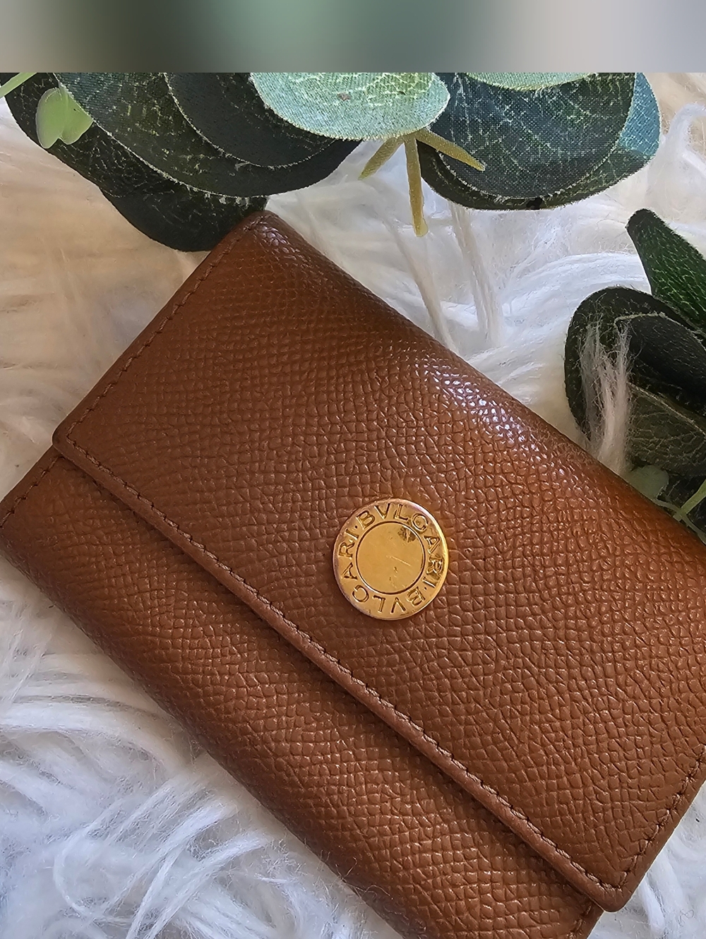 Bulgari Brown Leather Wallet with Gold Logo Button